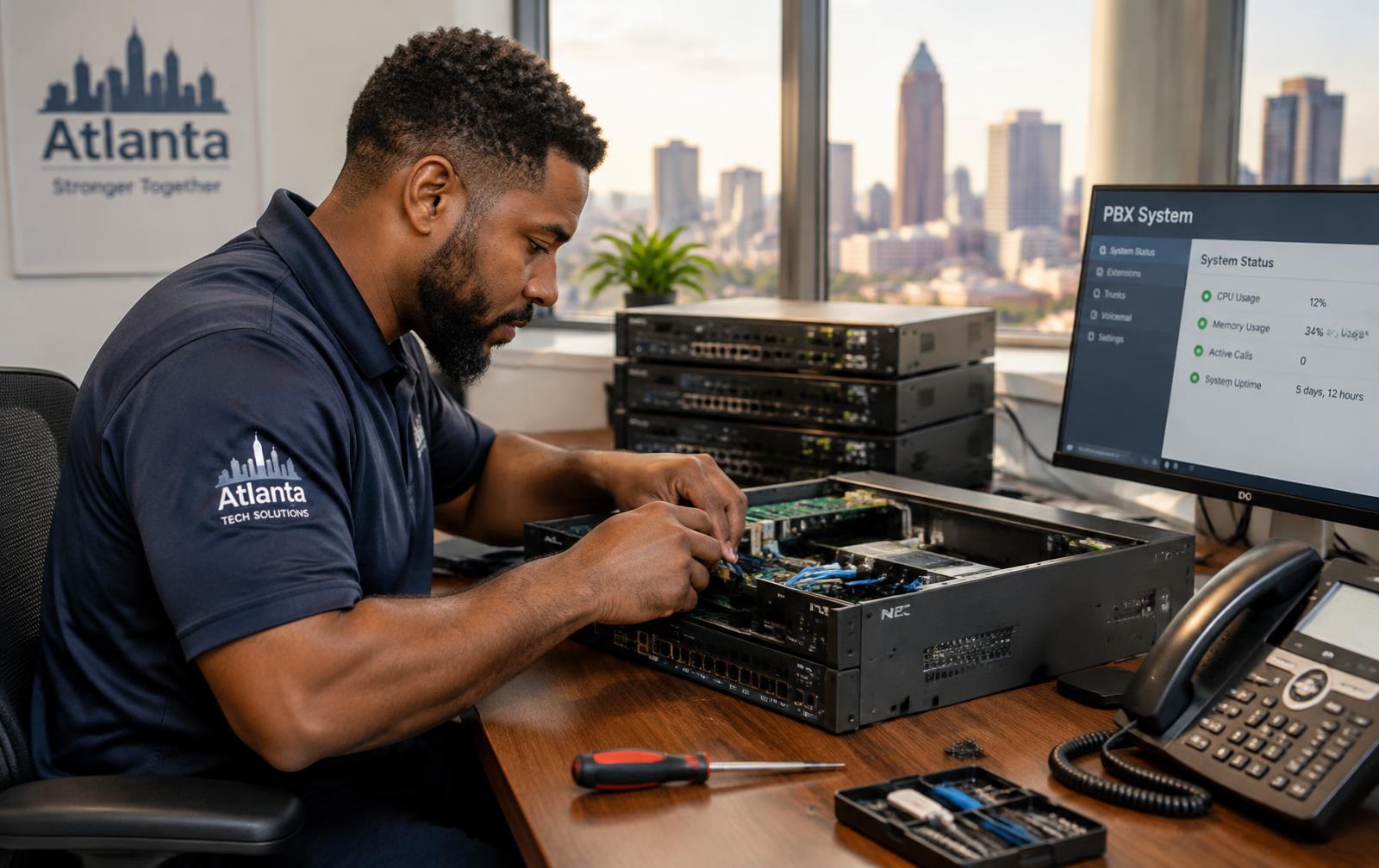Technician repairing a business phone system in Atlanta